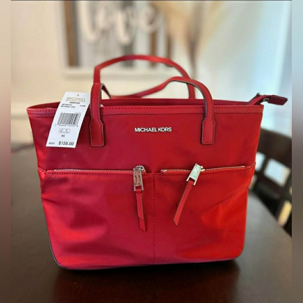 Michael Kors Red Kempton Pocket Tote Purse Handbag